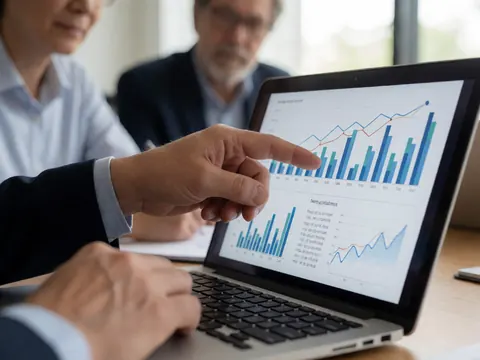 A hand points to a bar and line chart on a laptop screen during a work meeting.