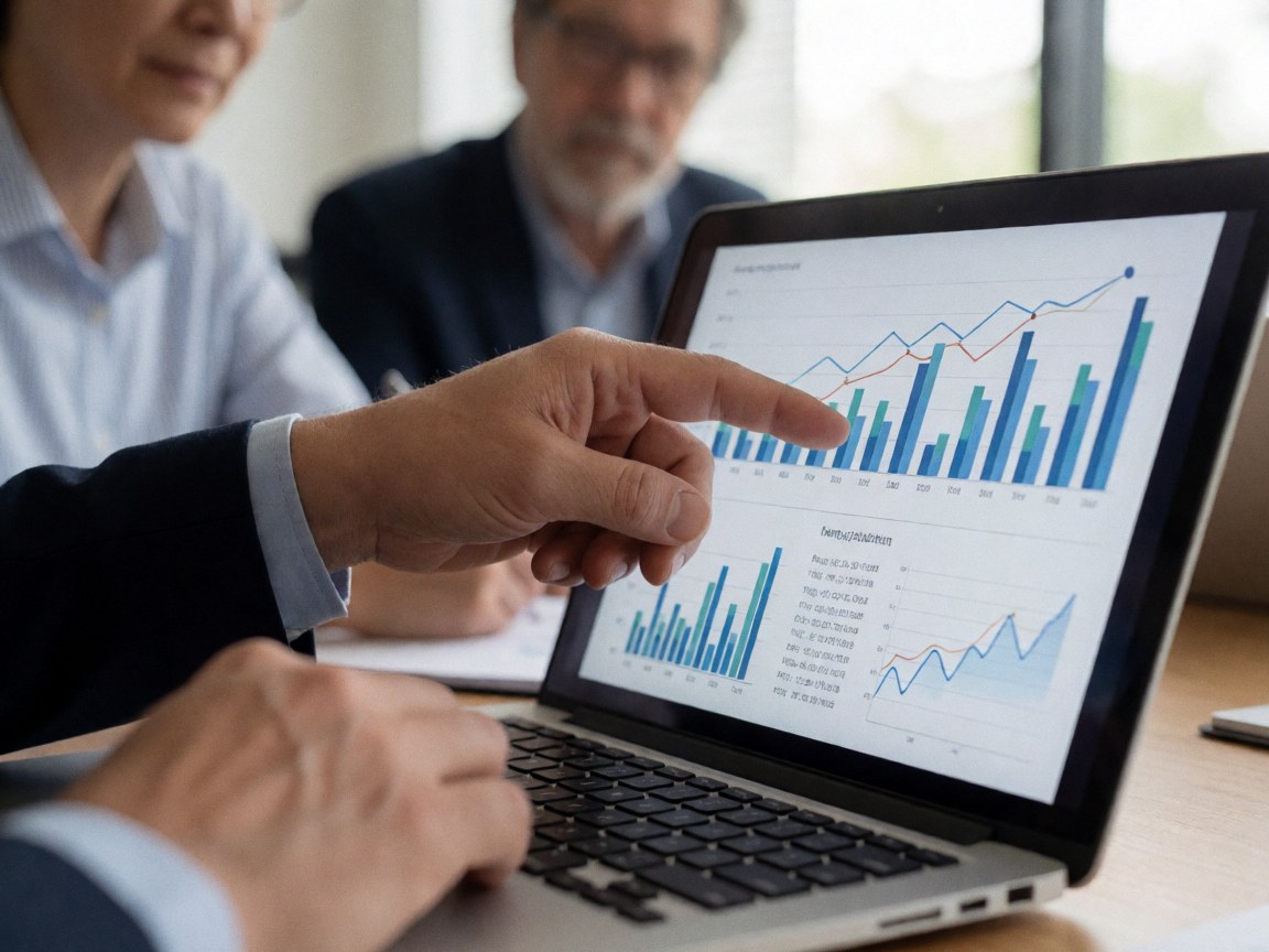 A hand points to a bar and line chart on a laptop screen during a work meeting.