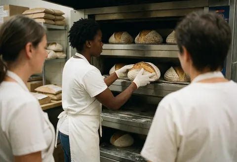 A baker inspects sourdough loaves inside an industrial oven while other workers stand nearby in a realistic bakery setting
