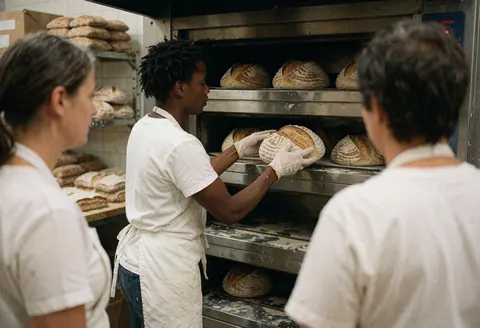 A baker inspects sourdough loaves inside an industrial oven while other workers stand nearby in a realistic bakery setting