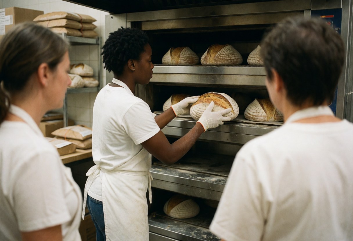 A baker inspects sourdough loaves inside an industrial oven while other workers stand nearby in a realistic bakery setting