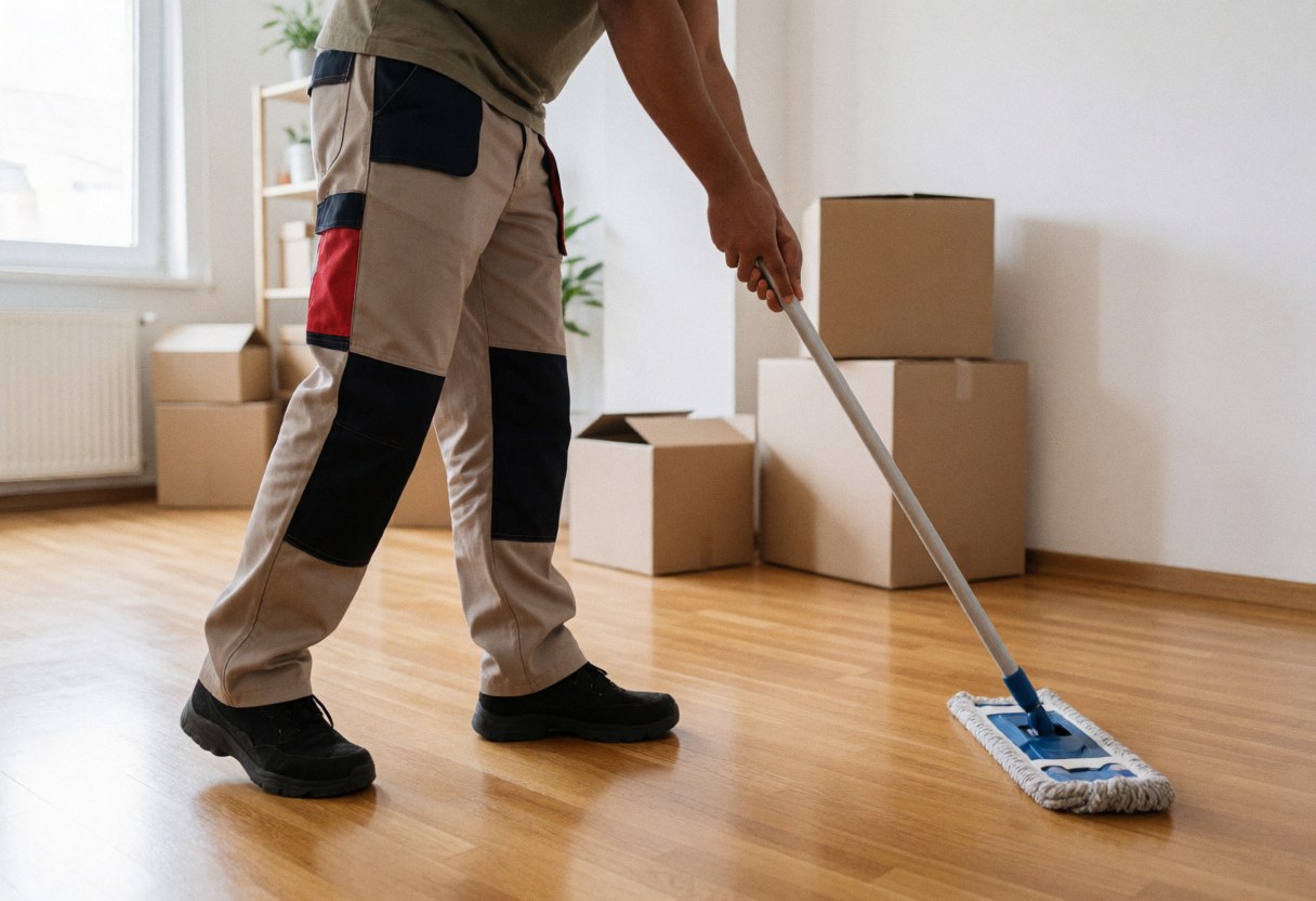Man in work pants and black shoes cleaning a wooden floor with a mop near cardboard boxes.