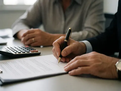 A person signs a document with a pen on an office desk, with a calculator beside them.