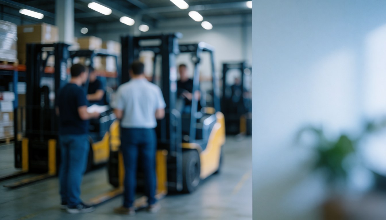 Several workers in a warehouse with yellow forklifts and boxes on shelves.