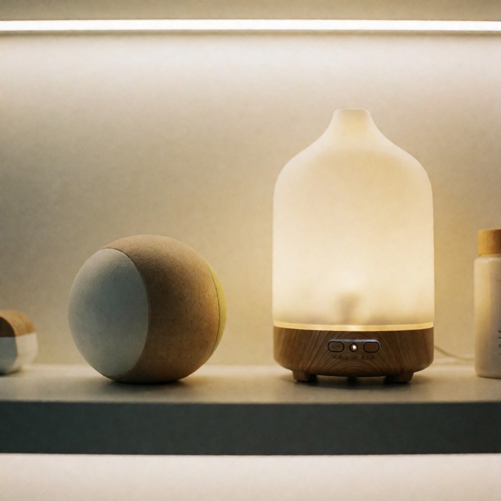 A diffuser and decorative objects on a shelf illuminated with warm light.