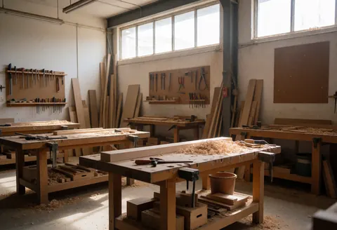 Carpentry workshop with wooden workbenches, hanging tools, and wood shavings on the floor.