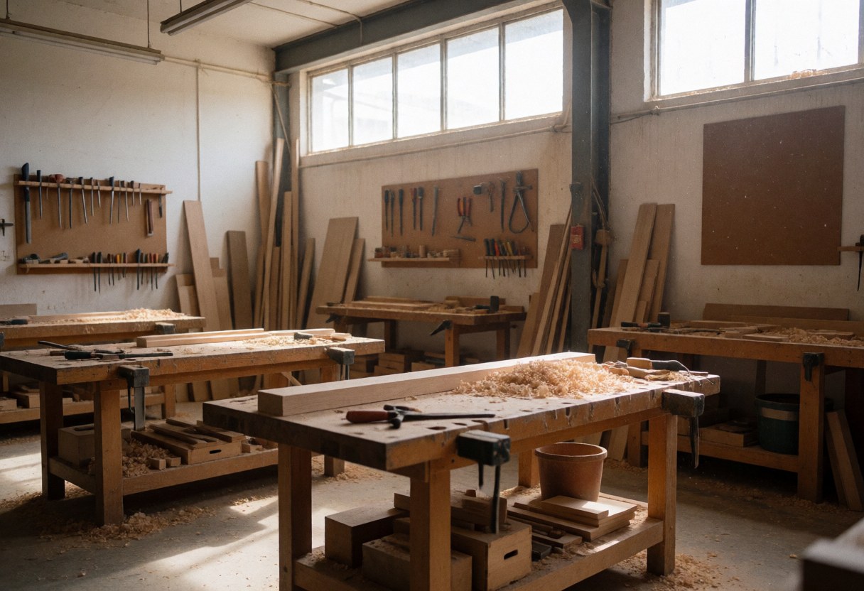 Carpentry workshop with wooden workbenches, hanging tools, and wood shavings on the floor.