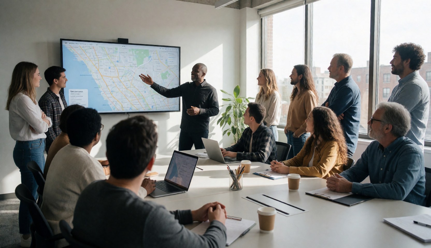 A group of professionals in an office meeting, one pointing at a map on a large screen while others watch attentively.