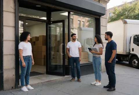 Four casually dressed people conversing outside a store with moving boxes and a moving truck parked outside.