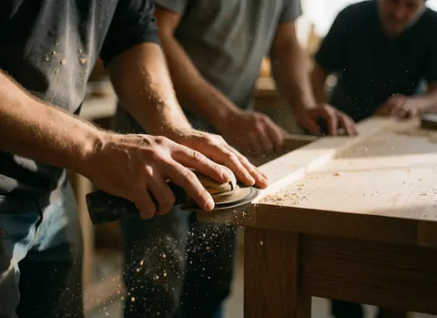 A man using an electric sander to smooth the edge of a wooden table in a carpentry workshop.