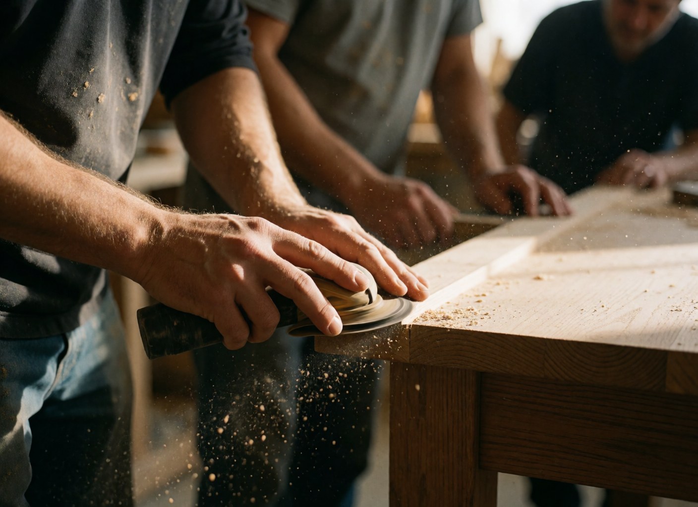 A man using an electric sander to smooth the edge of a wooden table in a carpentry workshop.