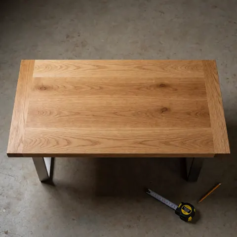 Wooden table with metal legs, carpentry tools on the floor.