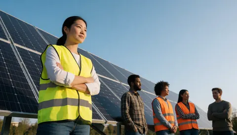 Group of workers in safety vests standing in front of solar panels on a field.