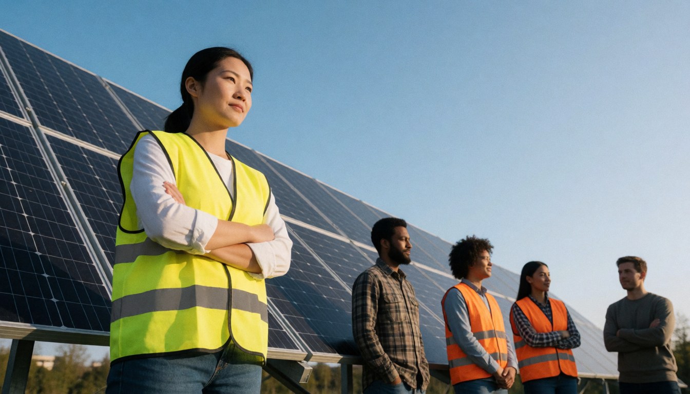 Solar energy workers wearing safety vests standing in front of solar panels under a clear blue sky
