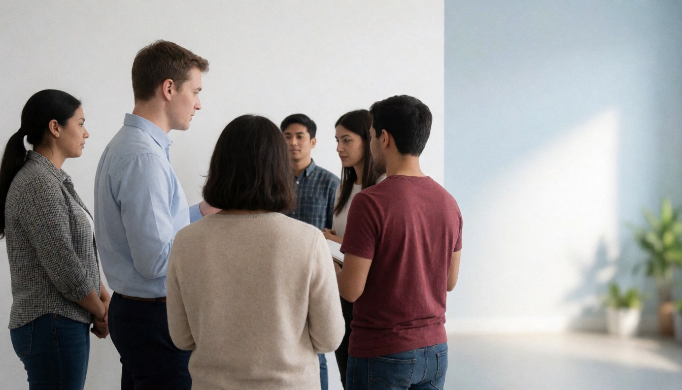 An instructor presents to a group in a minimalist classroom with empty space on the right for text, creating a professional and realistic atmosphere.