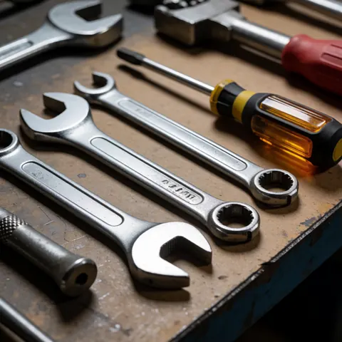Set of professional wrenches and screwdrivers arranged on an industrial workbench with focused lighting and shiny metallic details