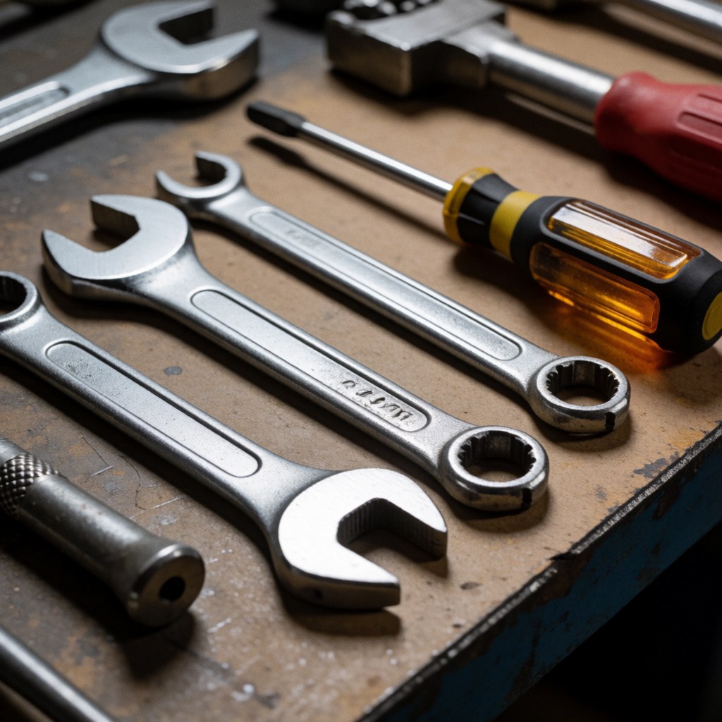 Set of professional wrenches and screwdrivers arranged on an industrial workbench with focused lighting and shiny metallic details