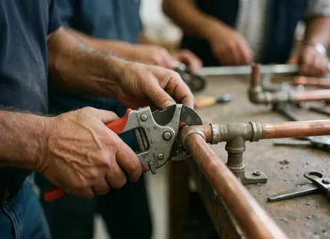 Close-up of a plumber's hands working with copper pipes and tools in a workshop, focusing on manual precision.