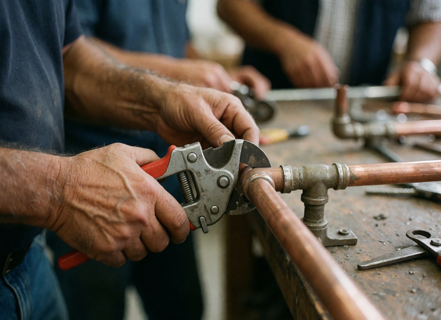 Close-up of a plumber's hands working with copper pipes and tools in a workshop, focusing on manual precision.