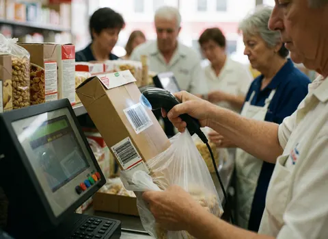 Close-up of a cereal box being scanned with an optical reader at a checkout counter with customers and cashier in the background