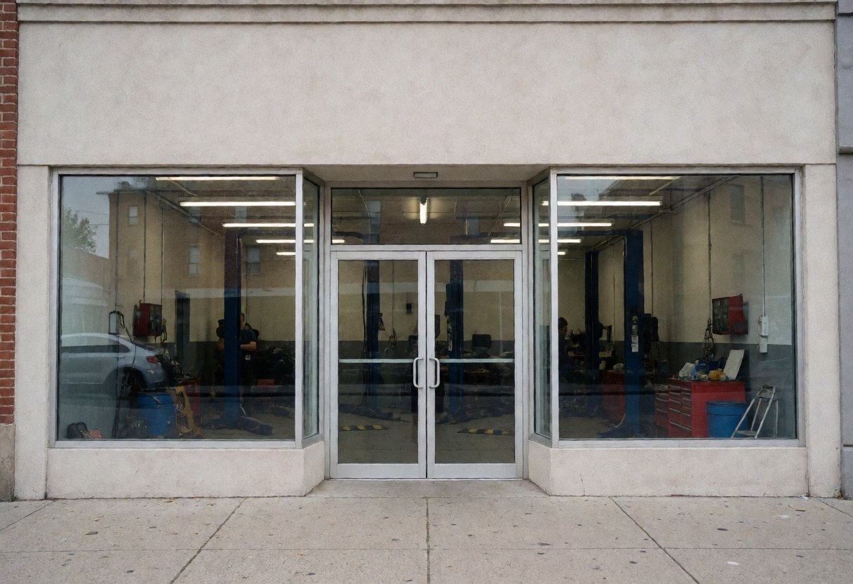Exterior view of an auto repair business featuring large glass windows that reveal the interior workshop with tools and a raised vehicle.