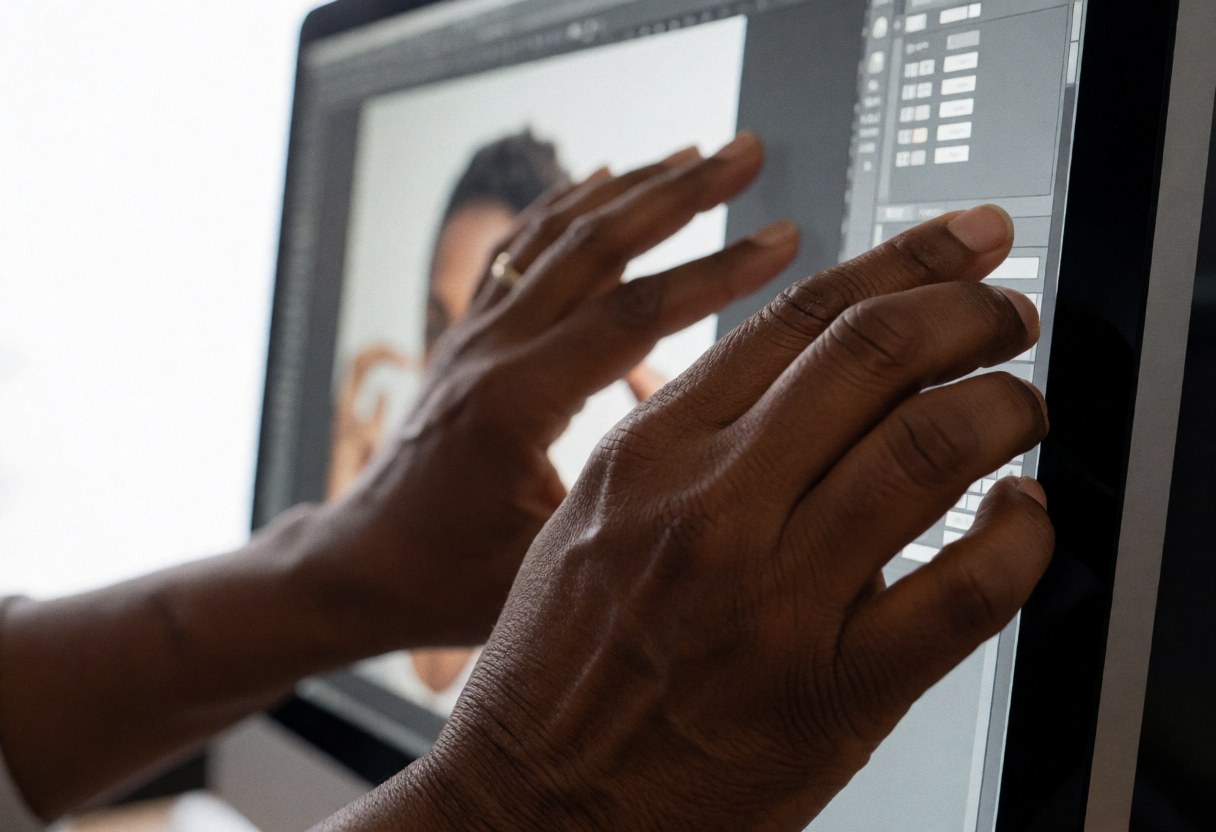 Close-up of woman's hands editing a photo on a computer screen in a photography studio workspace