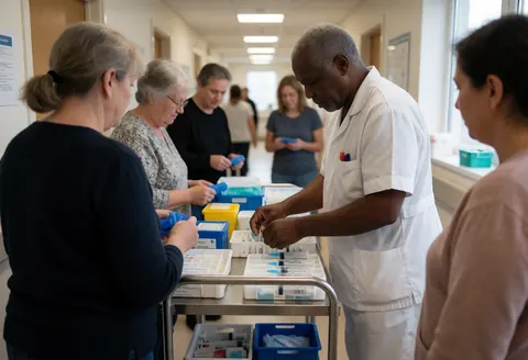 Senior nurse organizing syringes and gloves on a metal cart in a hospital corridor with patients in the background