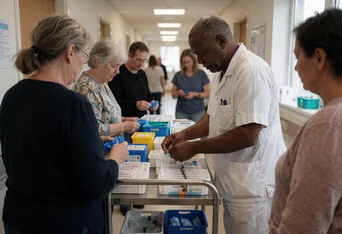 Senior nurse organizing syringes and gloves on a metal cart in a hospital corridor with patients in the background