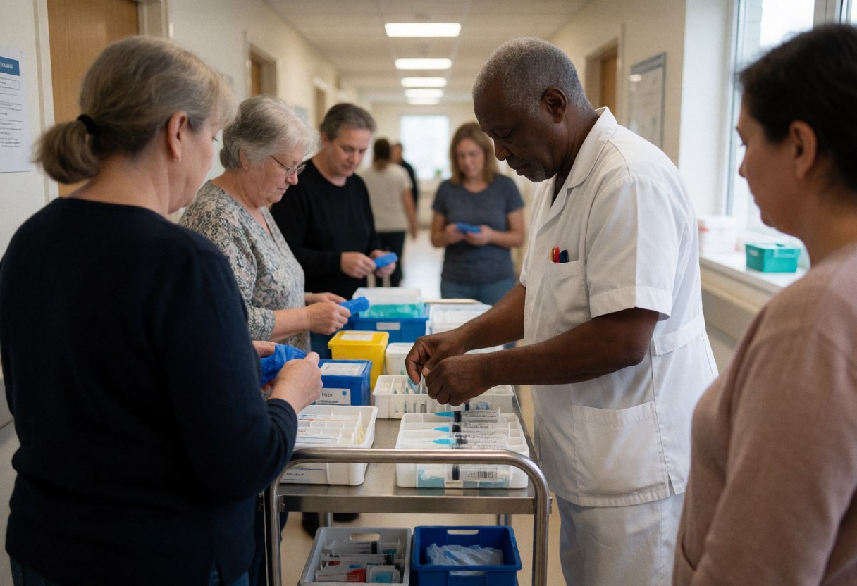 Senior nurse organizing syringes and gloves on a metal cart in a hospital corridor with patients in the background