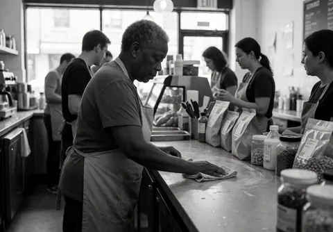 A woman in an apron wipes a coffee counter with a cloth, while others work in the background.