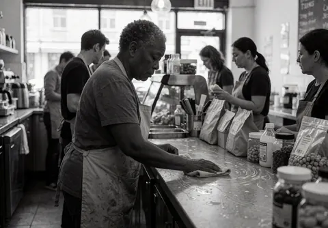 A woman in an apron wipes a coffee counter with a cloth, while others work in the background.