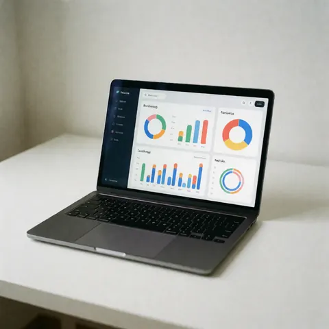 A laptop on a white desk displaying a dashboard with colorful bar and circular charts.