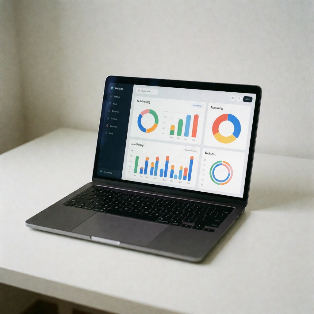 A laptop on a white desk displaying a dashboard with colorful bar and circular charts.