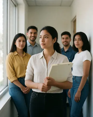 Group of young professionals in office, one woman with folder looks forward, others observe from background.