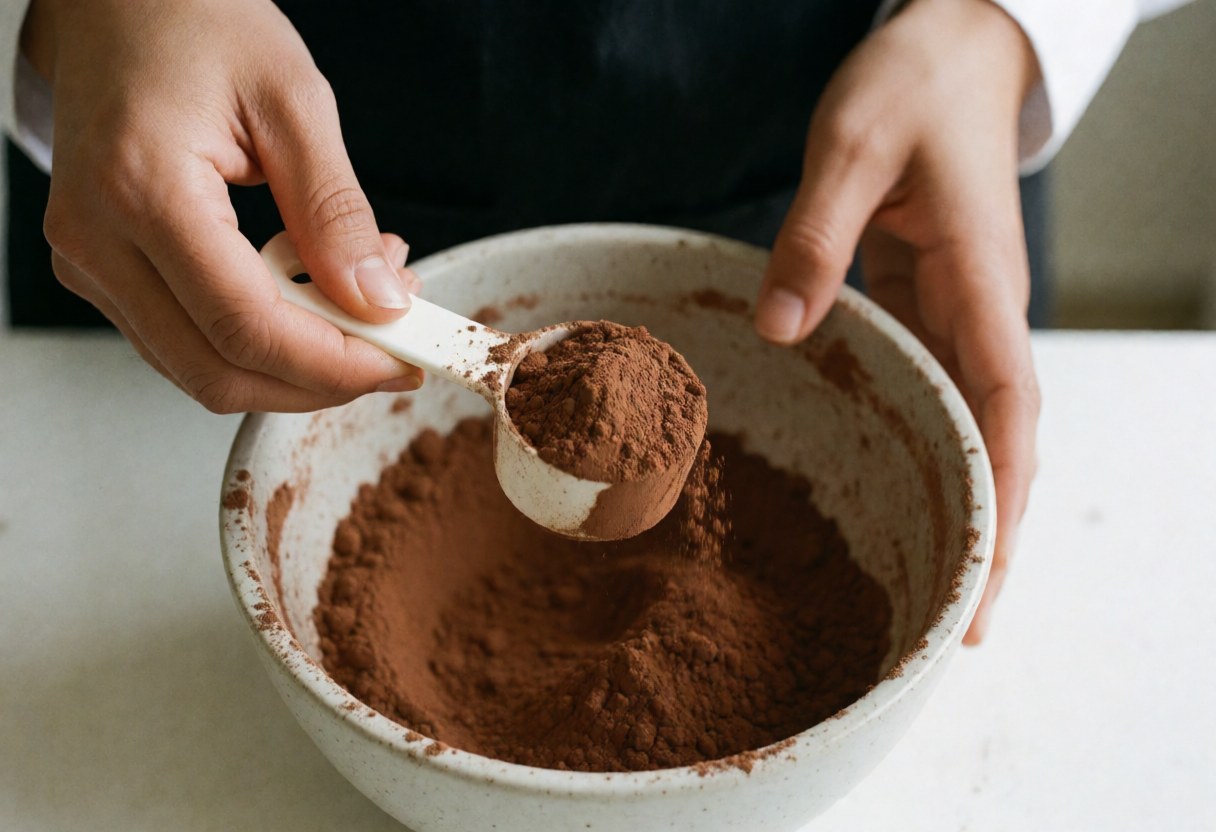 Hands measuring cocoa in a bowl with a white spoon on a white table.