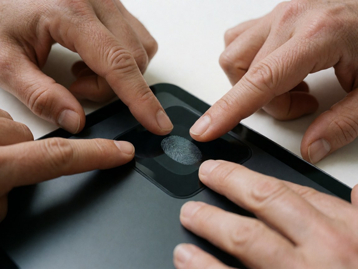 Two hands place fingers on a fingerprint scanner on a black tablet on a white table.