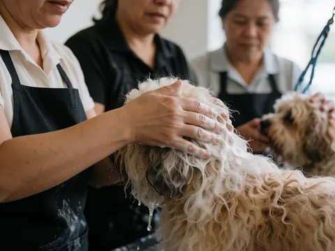 A woman washes a dog with shampoo in a dog grooming salon, another woman holds it, and another person is in the background.