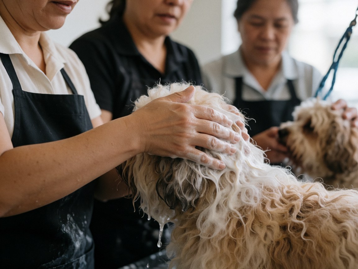A woman washes a dog with shampoo in a dog grooming salon, another woman holds it, and another person is in the background.