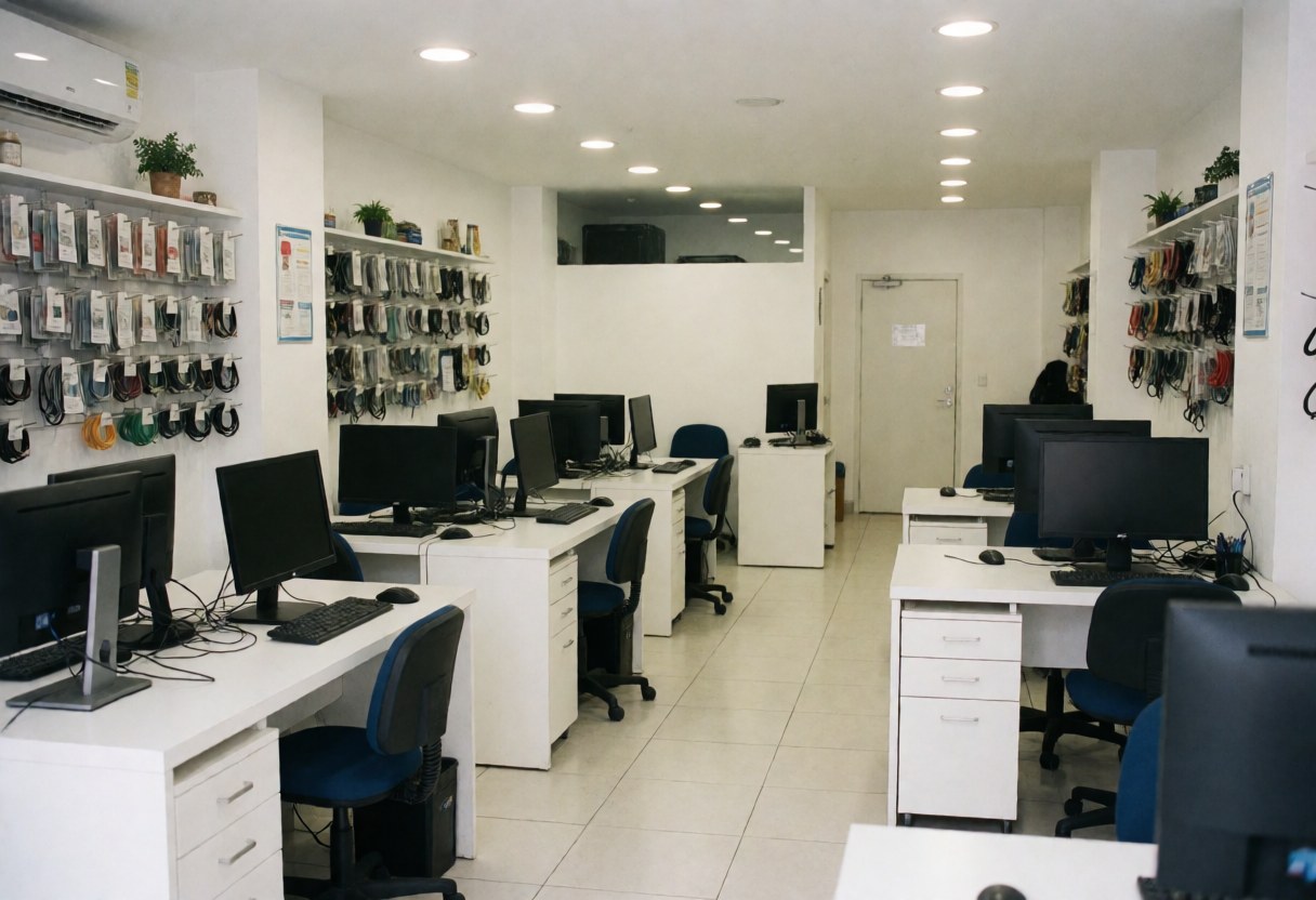 Clean and professional it support office interior featuring desks, monitors, chairs, and neatly organized cable shelves