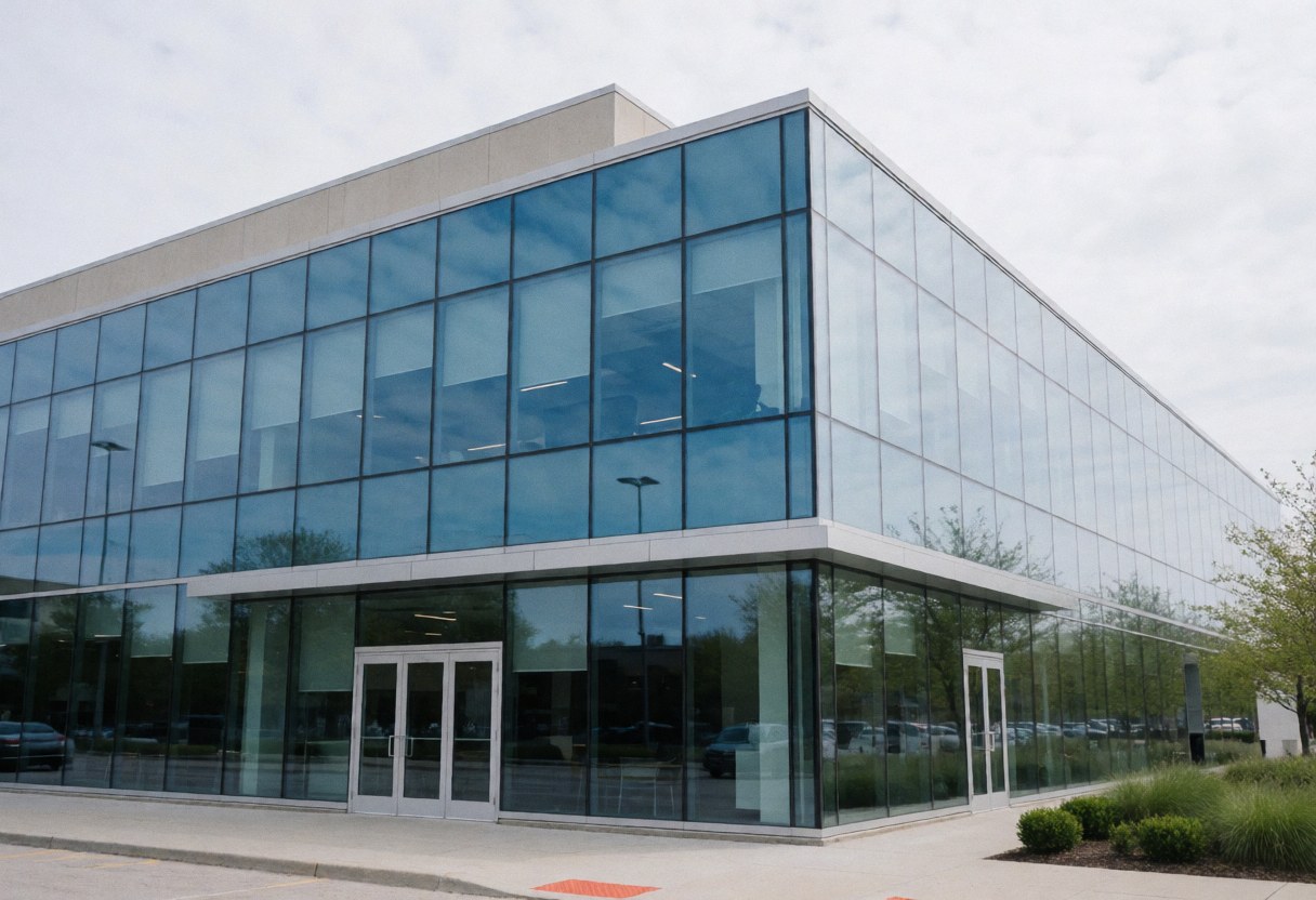 Modern glass facade of a corporate office building suitable for technology startups on a cloudy day