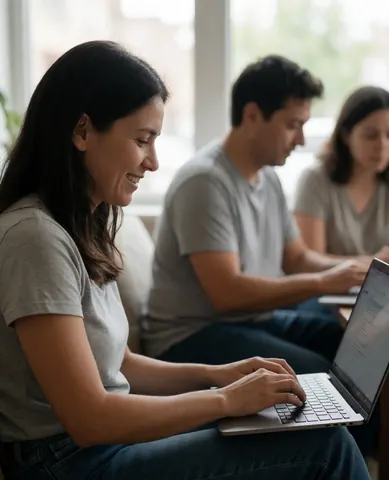 Three people working with laptop computers in a modern, bright office environment.