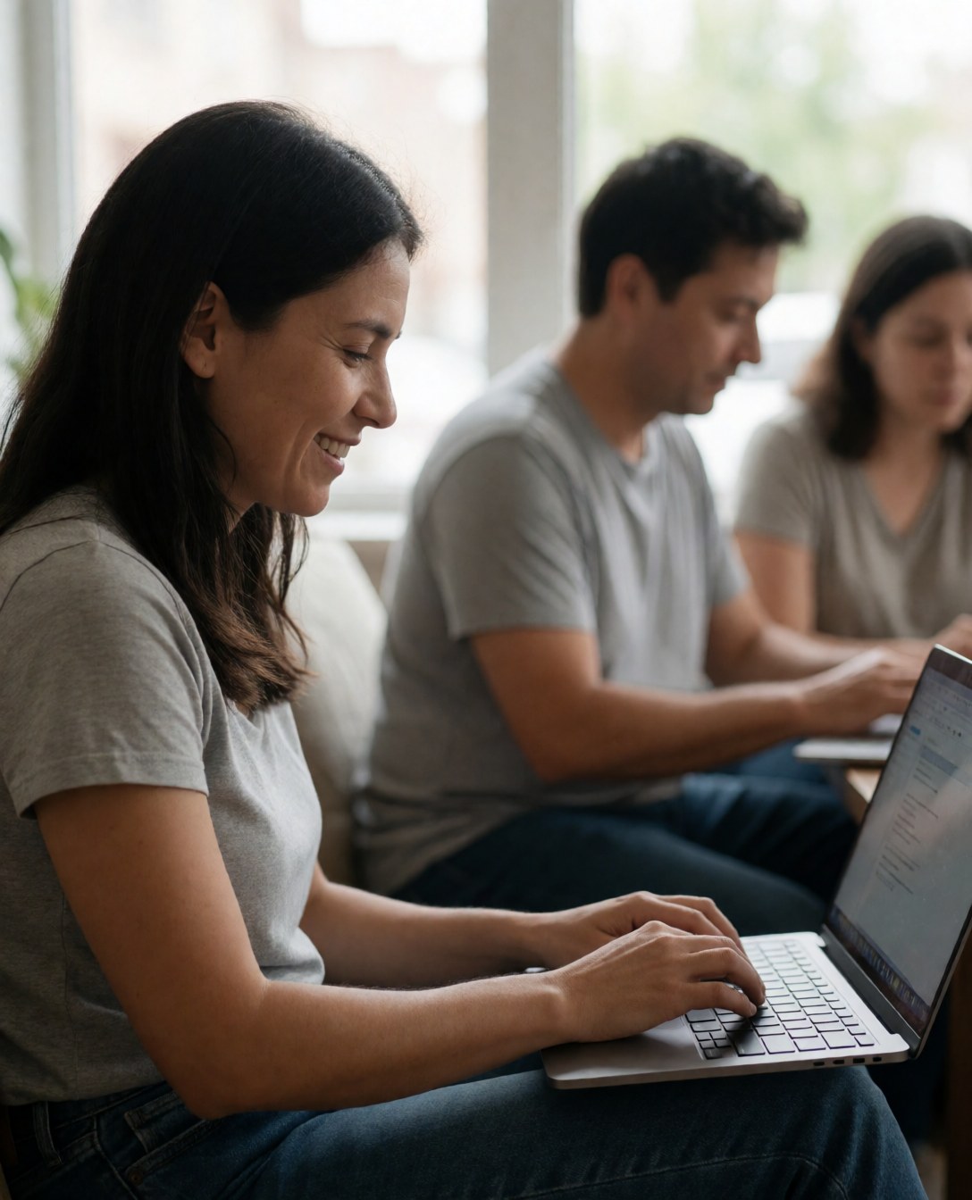 Three people working with laptop computers in a modern, bright office environment.