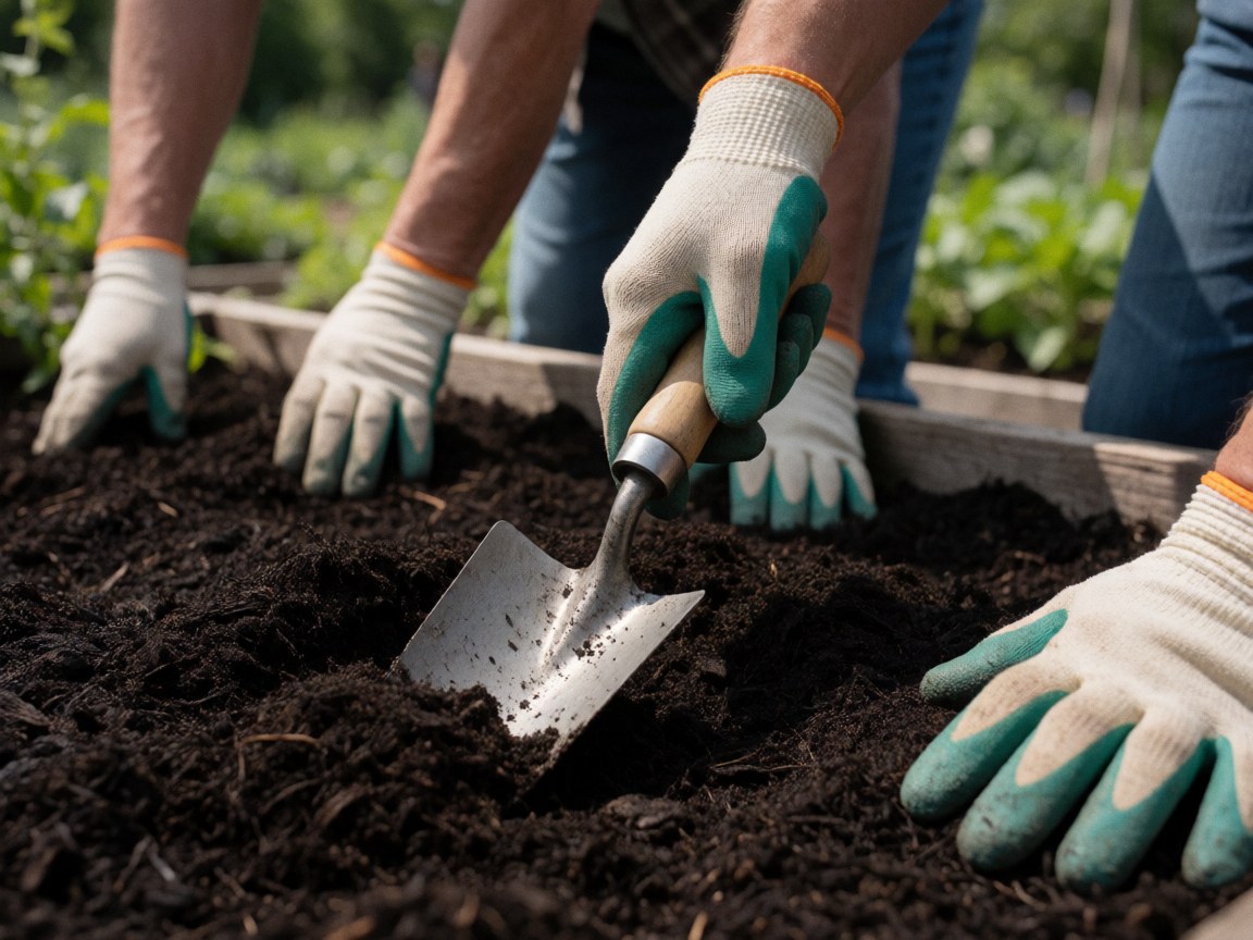 Hands with gloves using a trowel to work soil in a garden.
