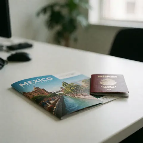 A passport and a travel brochure on a white office desk, with a computer and a plant in the background.