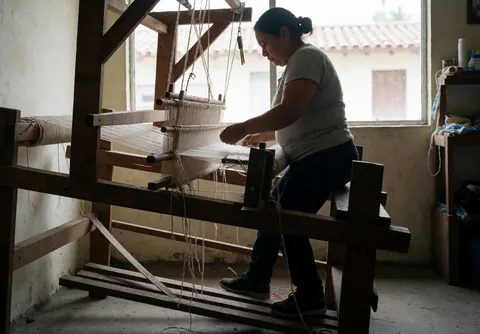 A Latina woman working at a wooden loom in her workshop with natural light from the window, capturing an authentic artisan process.