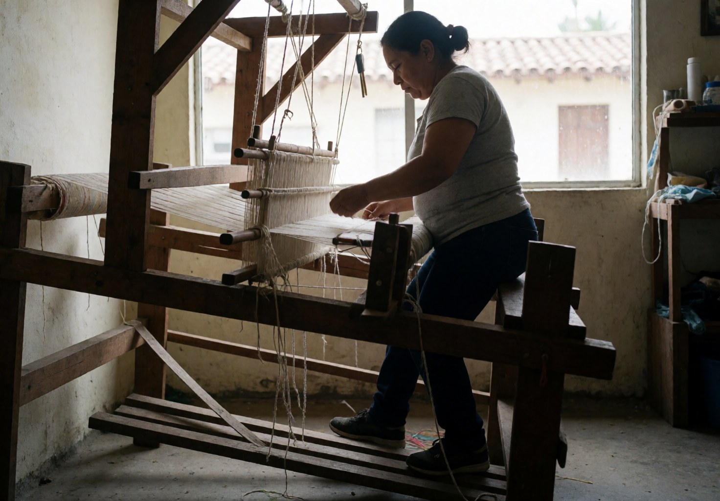 A woman with her hair tied back weaves thread on a wooden loom in a workshop.