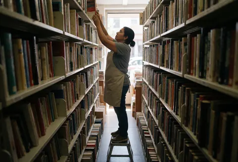 A young woman in an apron organizes books on tall shelves in a bookstore, using a wooden stool to reach higher shelves.