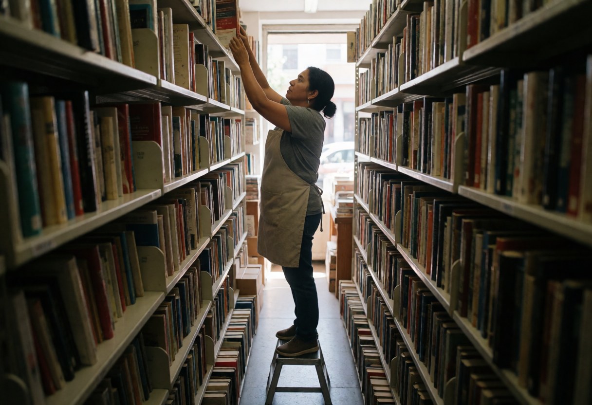 A young woman in an apron organizes books on tall shelves in a bookstore, using a wooden stool to reach higher shelves.