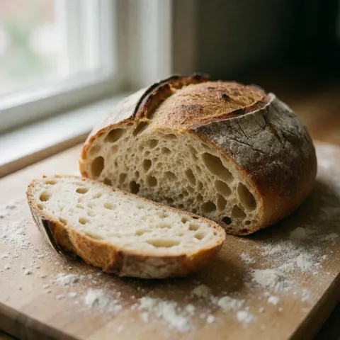 Artisanal bread freshly baked on a wooden board with flour dusted, near a window.