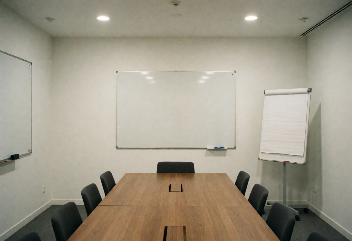 Modern meeting room with wooden table, black chairs, whiteboards, and white walls.